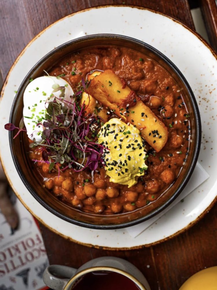 Crispy halloumi brunch with poached egg, preserved lemon and turmeric labneh at The Pantry in Edinburgh